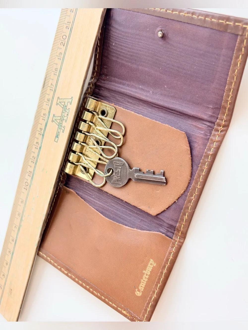 Canterbury Vintage 1980s Navy Plaid Key Holder Brown Leather Yellow Stitch Prepp